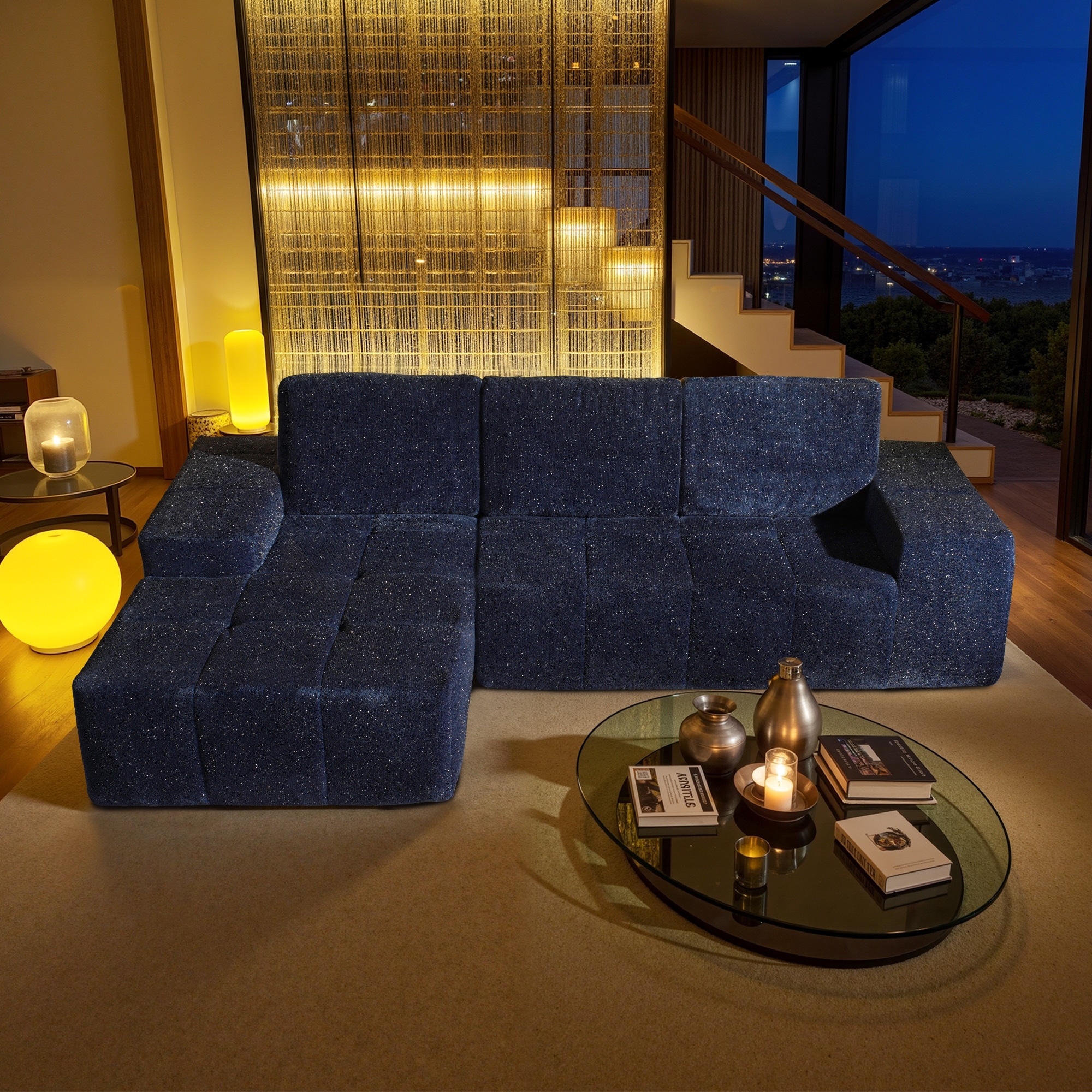 HOOOWOOO Modern Sparkly Velvet Fabric Chaise Sofa