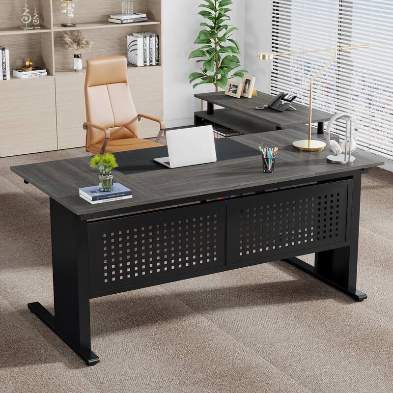 63-Inch L Shaped Executive Desk with File Cabinet, Large Computer Desk with Drawer and Shelves for Home Office
