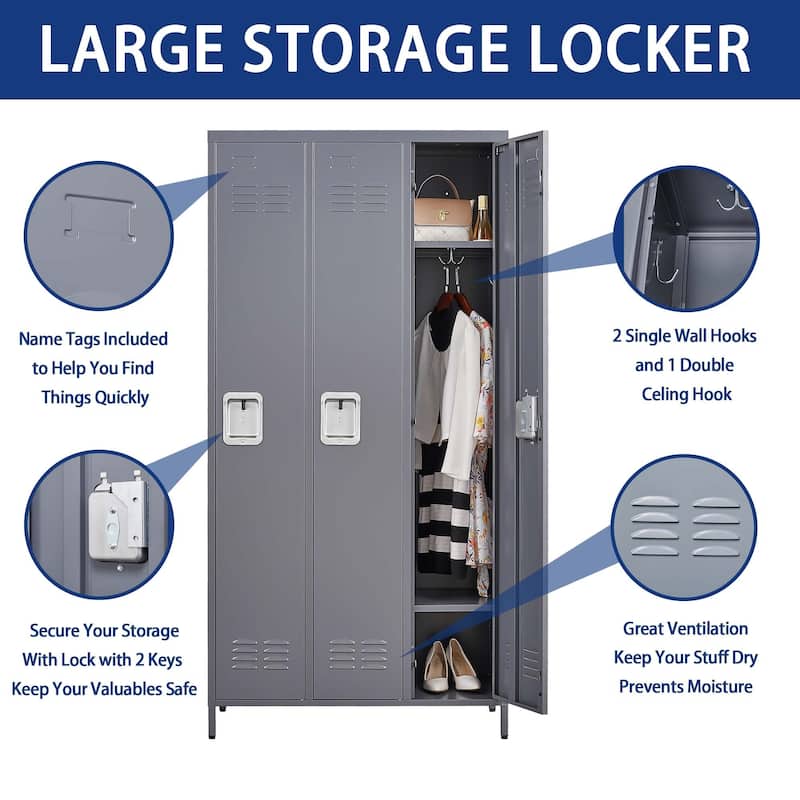 72"H Metal Lockers With 3 Door,Storage Cabinet With Lock for Employees,School,Gym