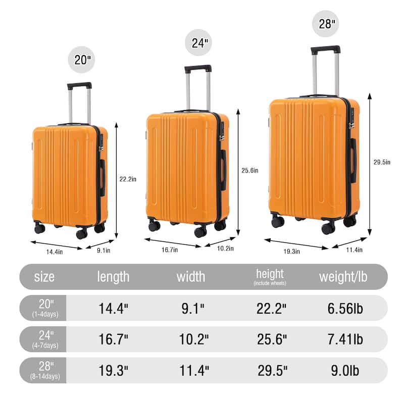 20"/24"/28" 3 pcs/set in ABS Spinner Wheel Luggage, Carry on Suitcase, Matching Color, TSA Combination Lock