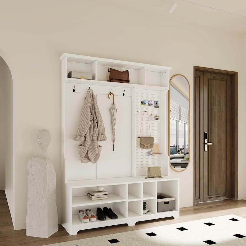 Hall Tree with Shoe Bench, Coat Rack, Shoe Storage, Storage Shelves, and Pegboard
