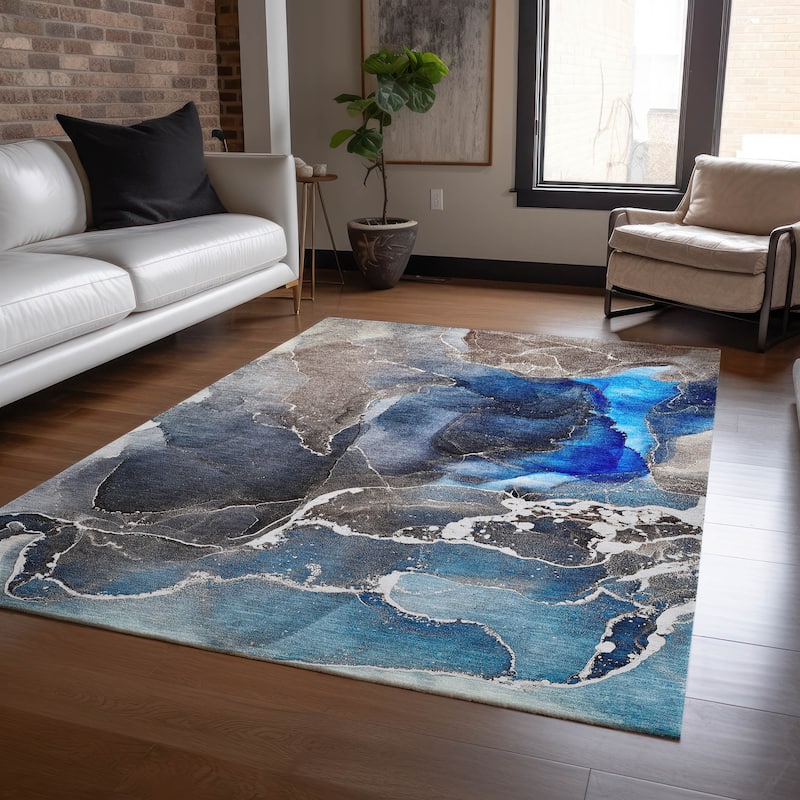 Machine Washable Indoor/ Outdoor Chantille Abstract Navy Rug - Navy - 9' x 12'