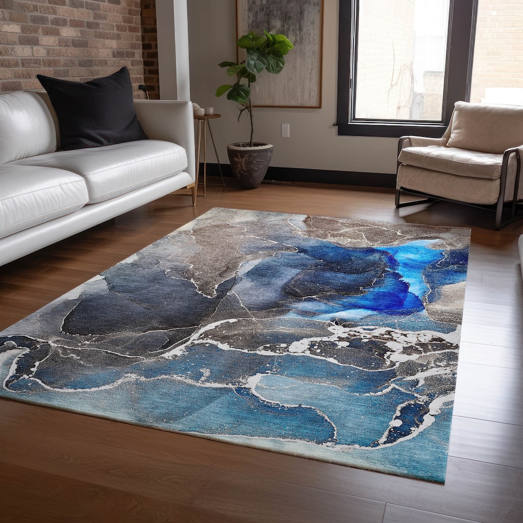 Machine Washable Indoor/ Outdoor Chantille Abstract Navy Rug