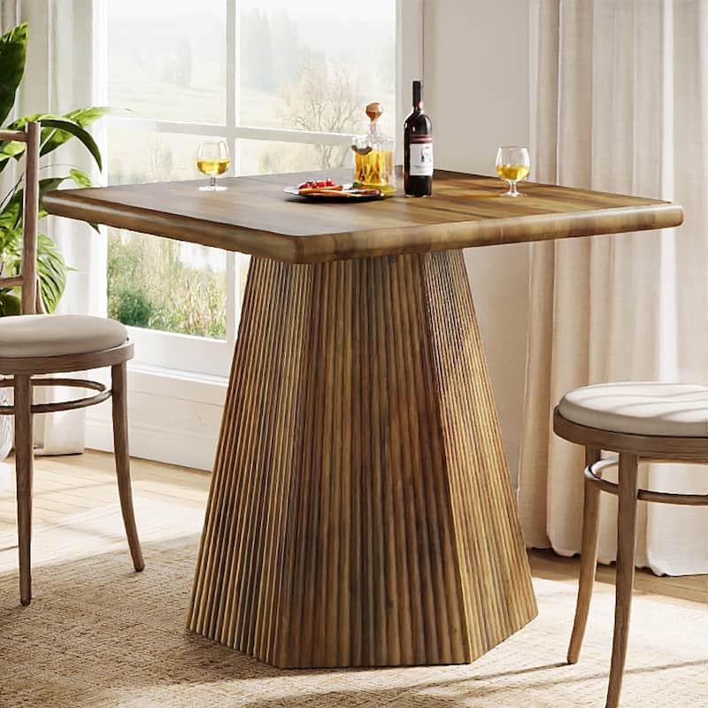 31.5 Square Dining Table Kitchen Table with Fluted Pedestal Base - Brown