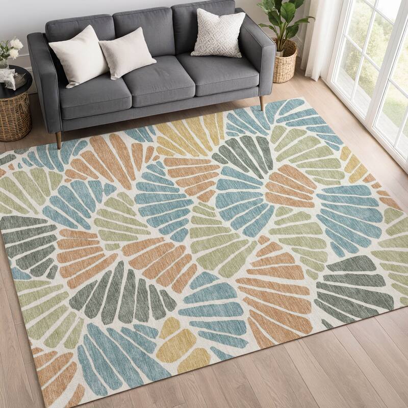 Machine Washable Indoor/ Outdoor Floral Modern Chantille Rug