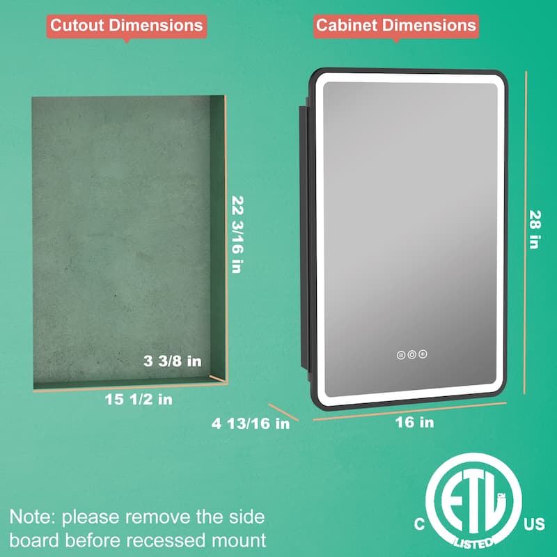 Milo LED Iron Medicine Cabinet with Mirror, Dimmable, Anti-fog, Adjustable Glass Shelves, Recessed or Surface Mount