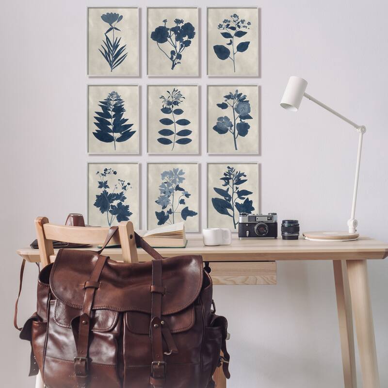 Stupell Beautiful Botanical Silhouette Floral Plants Design Framed 9 piece Wall Art - Blue