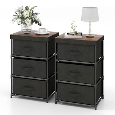 Gymax 2PCS Fabric Bedside Table 3 Drawers Nightstand Small Dresser