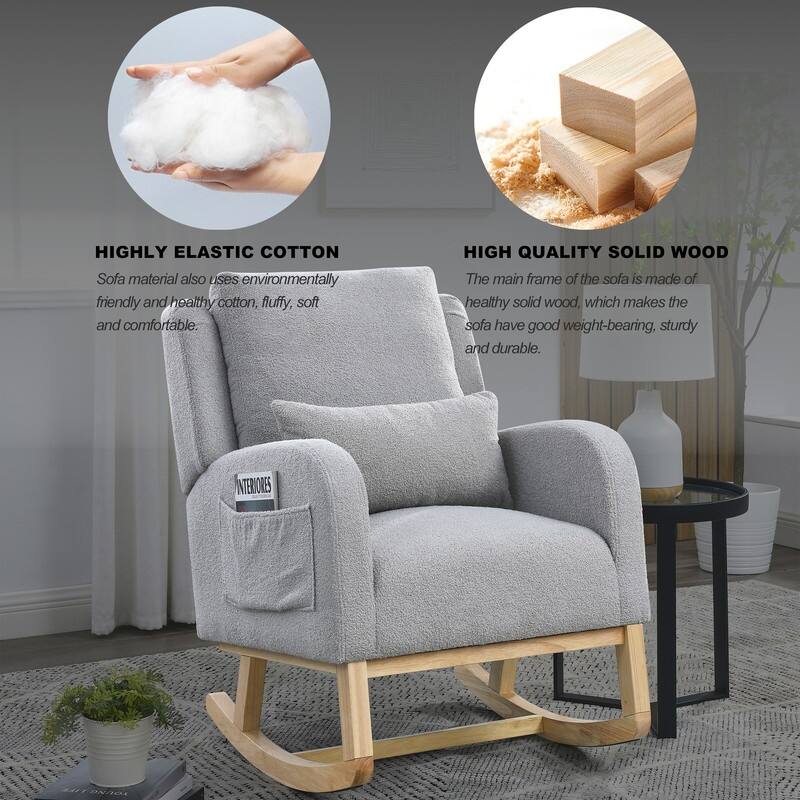 Grondin Modern Style Rocking Chair, Teddy Fabric Upholstered Nursery Rocker with Side Pockets