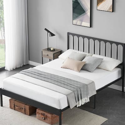 Metal Bed Frame with Headboard, Heavy Duty Steel Slat Support
