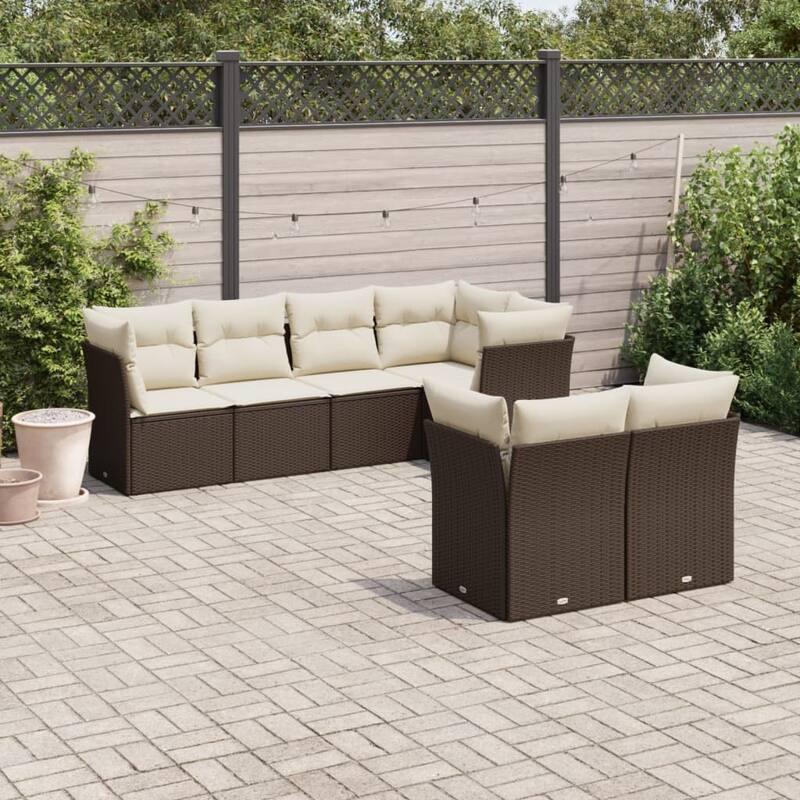 vidaXL Patio Sofa Set with Cushions Outdoor Furniture 7 Piece Poly Rattan - 24.4 x 24.4 x 27.2 - Brown and cream