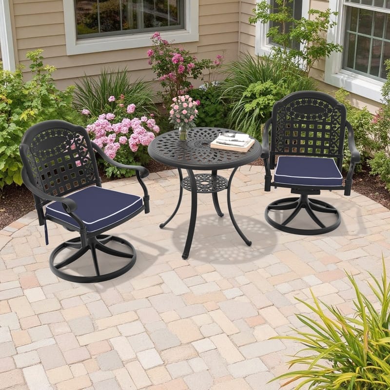 3-Piece Aluminum Round Outdoor Patio Dining Set, 2 Cushioned Swivel Chairs, Table, All-Weather Frames
