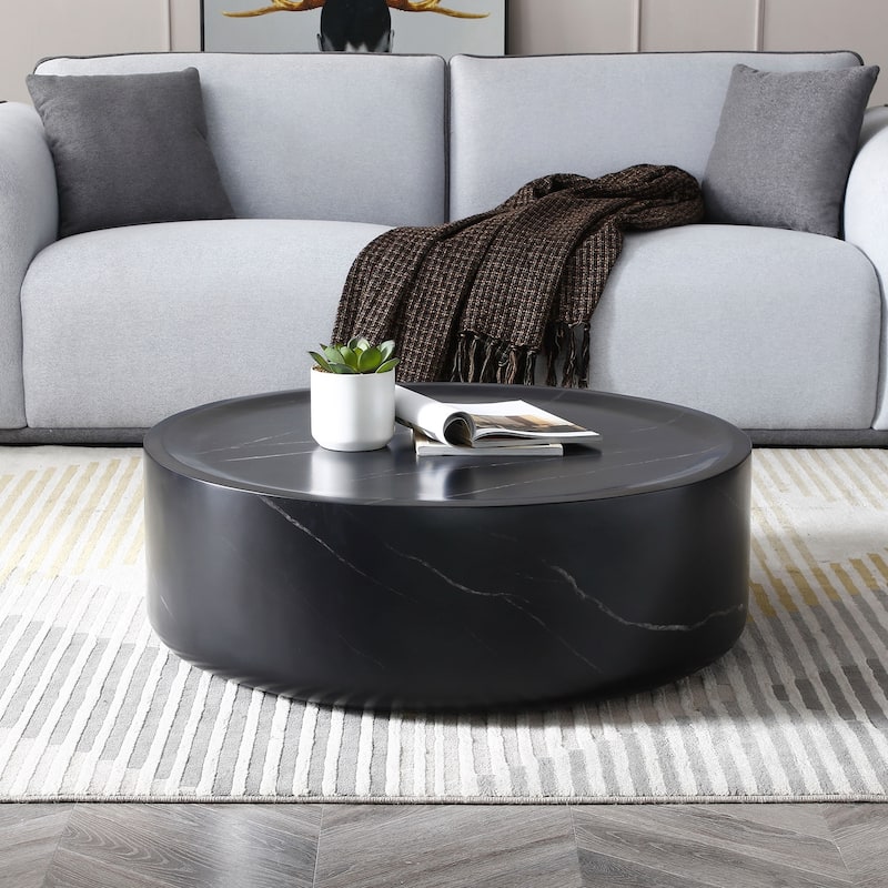 36in Black White Marble MDF Round Coffee Table Fully Assembled