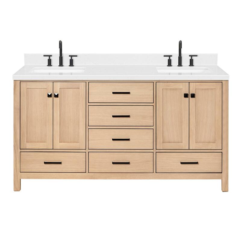 Ariel A066DCQRVO Cambridge 67" Free Standing Double Basin Vanity Set - Oak / Carrara White Quartz Top / Matte Black