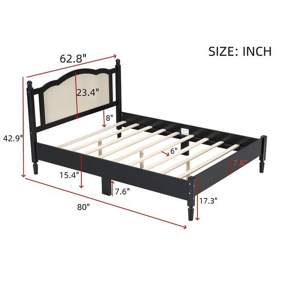 dimension image slide 1 of 2, Wooden Queen Size Vintage Platform Bed with Rattan Headboard amd Slat Support