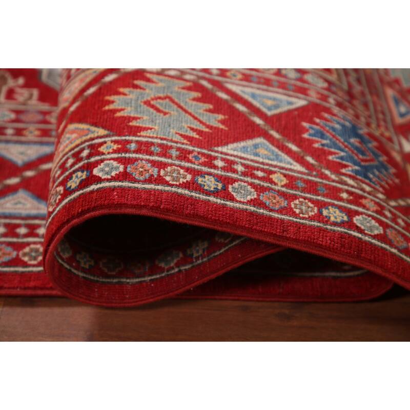 All-Over Geometric Kazak Living Room Area Rug Handmade Wool Carpet - 6'4" x 9'7"