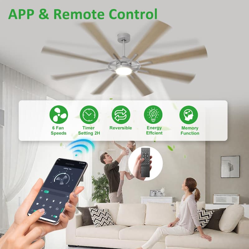 Modern 72 Inch 8 Blade Outdoor large Ceiling Fans with Lights: Dimmable Indoor Reversible 6 Speed Quiet DC Motor