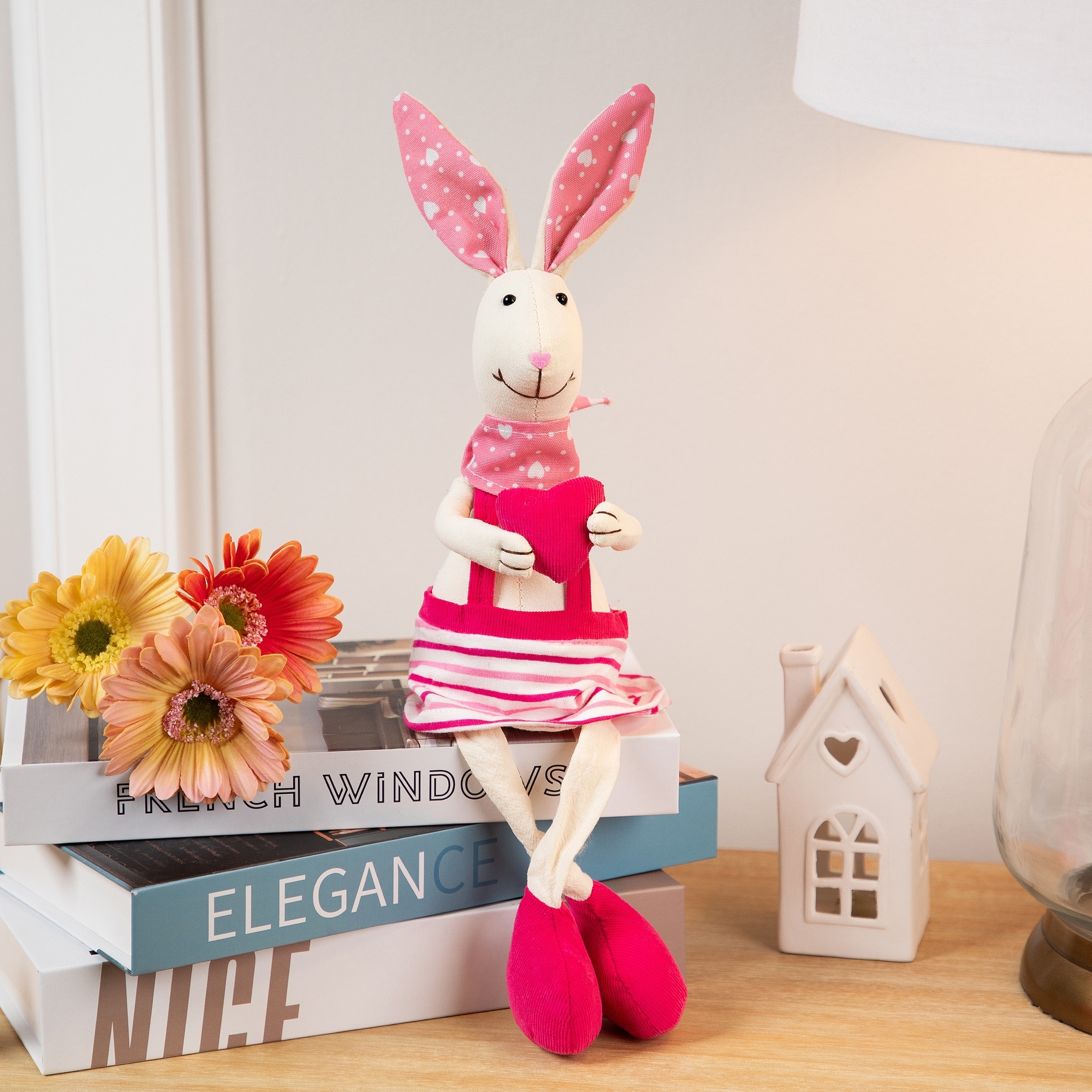 Sitting Girl Easter Rabbit Decor with Dangling Legs 16.5" Cream Pink