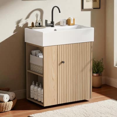 21.6" Wall-Mounted Bathroom Vanity with Ceramic Sink, Left Side Shelf, Wave Door, Rose Gold Handle, Floating Design