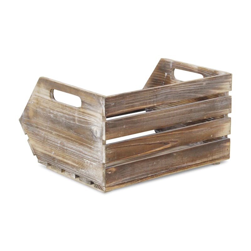 Natural Brown Wood Slat Stackable Storage with Side Handles - N/A