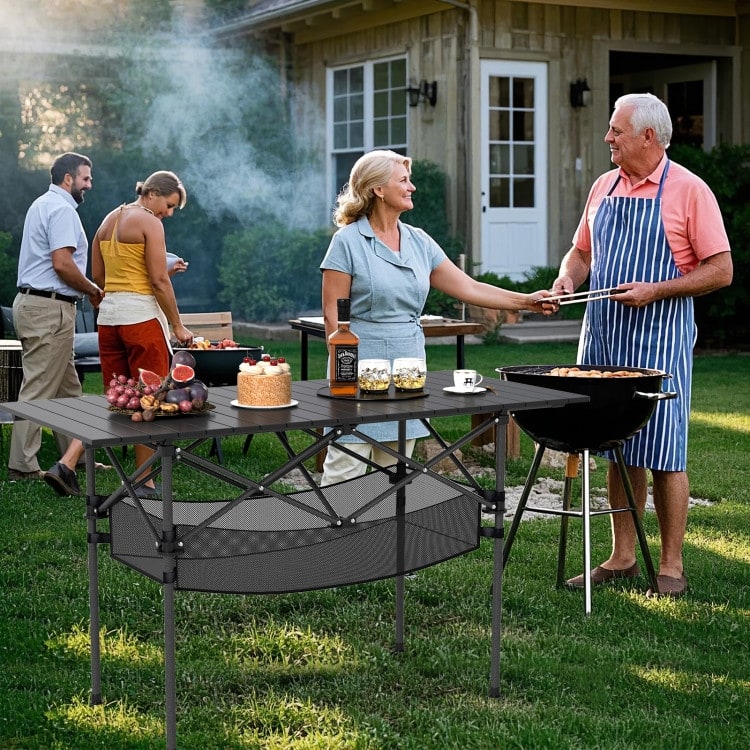 Aluminum Patio Folding Camping Table with Bag and Mesh Basket - 47" x 22" x 27" (L x W x H)