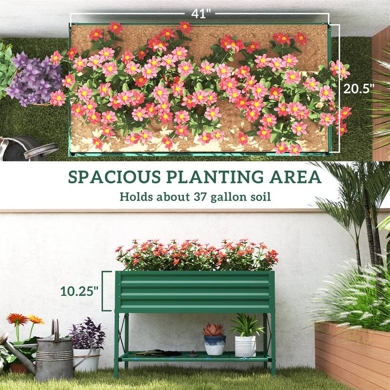 Galvanized Steel Elevated Raised Garden Planter with Storage Shelf - 41.75" L x 21.25" W x 30" H