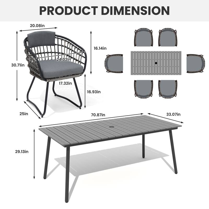 7-Piece Set Outdoor Patio Aluminum Dining Table and PE Rattan Wicker Dining Chairs