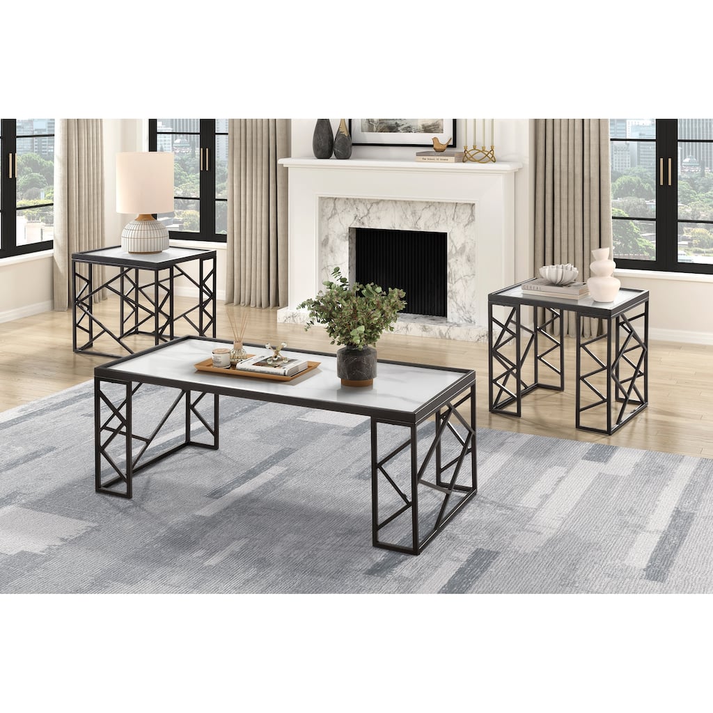 Occasional 3pc Tables Set Tempered Glass Top Coffee Table And End Tables Metal Frame