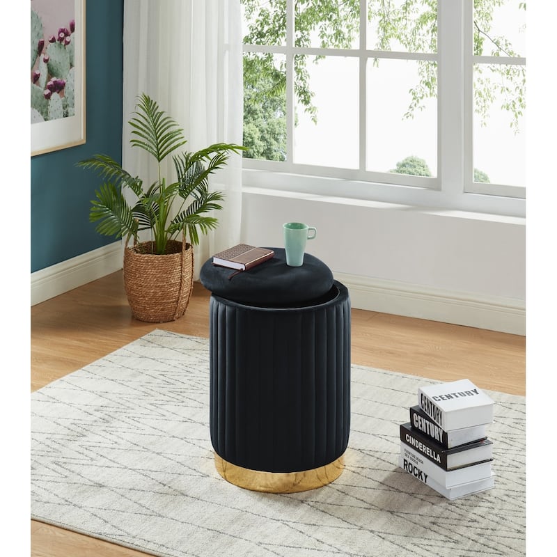 Black Velvet Channel-Tufted Round Storage Ottoman With Gold Base