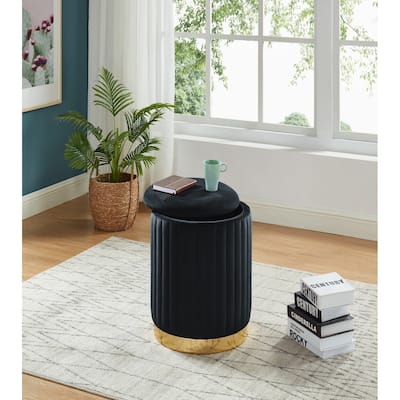 Black Velvet Channel-Tufted Round Storage Ottoman With Gold Base