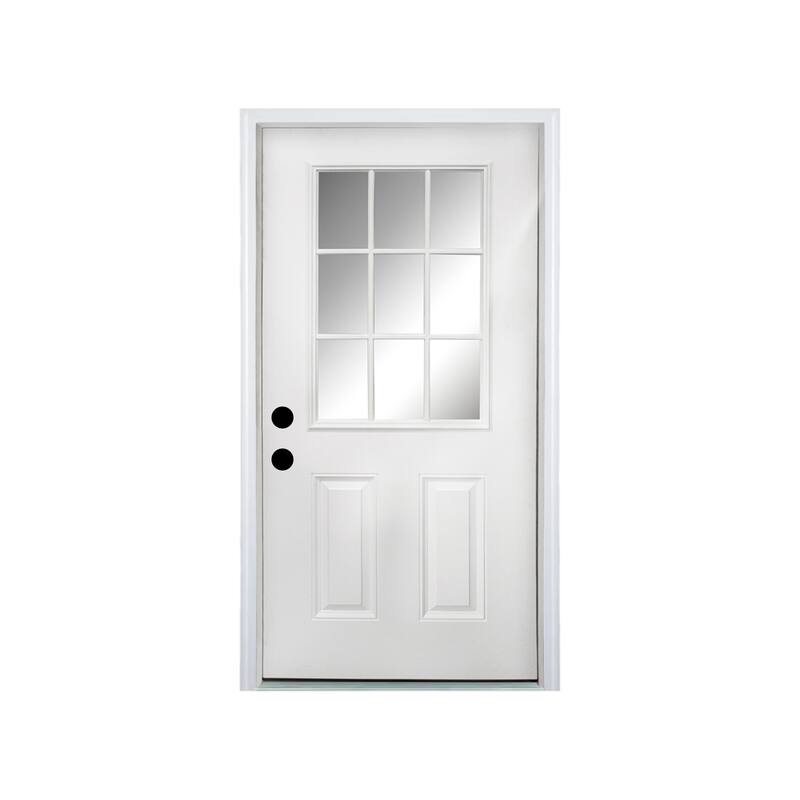 36 x 80 Fiberglass Entry Door, 4-9/16 in. New Packaging Vinyl Frame,9 Lite Low-E Glass, Right Hand Inswing - White - White