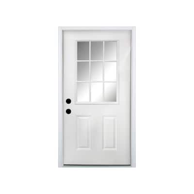 36 x 80 Fiberglass Entry Door, 4-9/16 in. New Packaging Vinyl Frame,9 Lite Low-E Glass, Right Hand Inswing - White