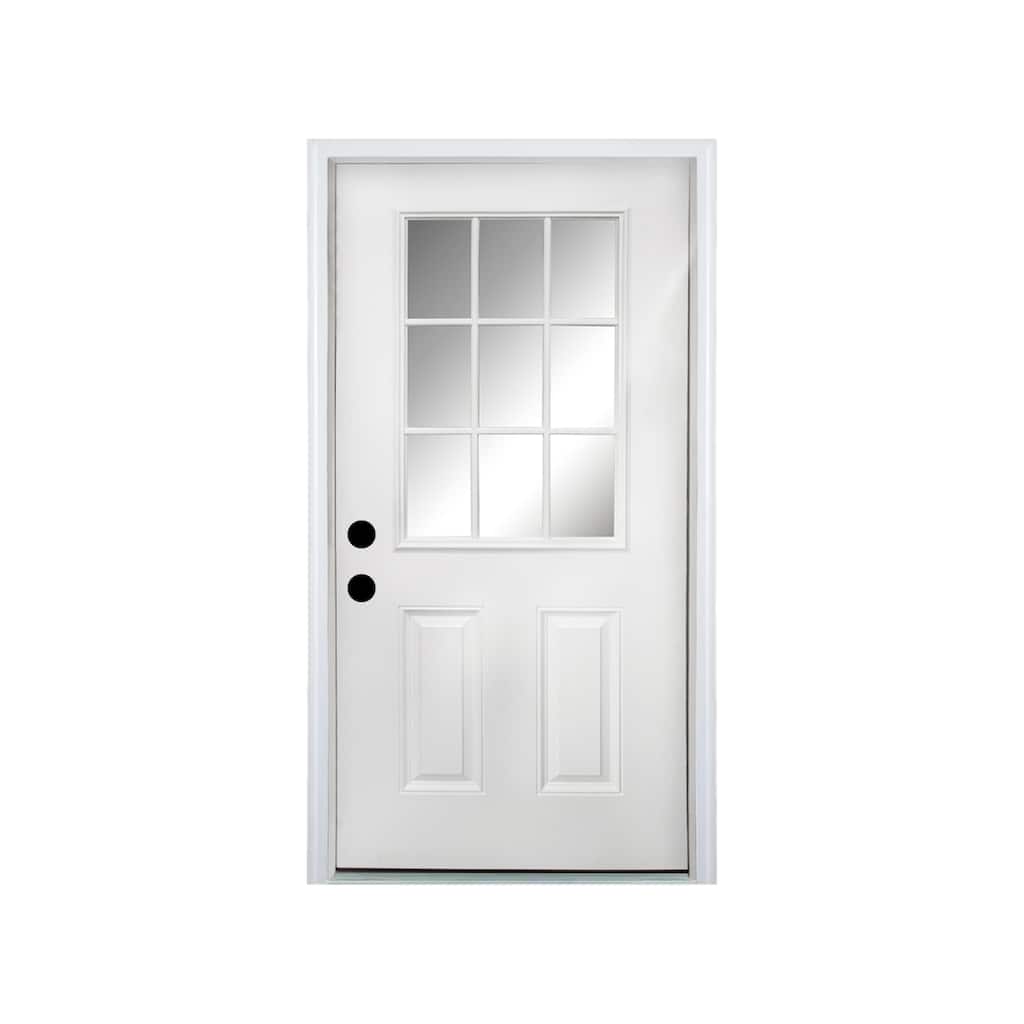 36 x 80 Fiberglass Entry Door, 4-9/16 in. New Packaging Vinyl Frame,9 Lite Low-E Glass, Right Hand Inswing - White