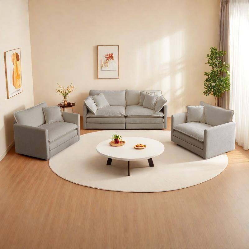 4-Seat Chenille Sofa Set with 2 Arm Chairs + 2-Seater Sofa and Pillows - Beige