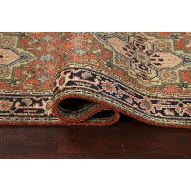Hand Knotted Oriental 100% Wool Carpet Traditional Geometric Oranges & Rust Indo Heriz Serapi Runner Rug - 11' 11'' X 2' 7''