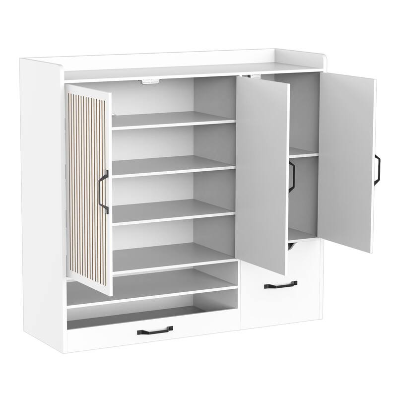 Shoe Cabinet with Adjustable Shelves, Stool & Retractable Toe-Kick Drawer, Freestanding Narrow Shoe Rack Organizer