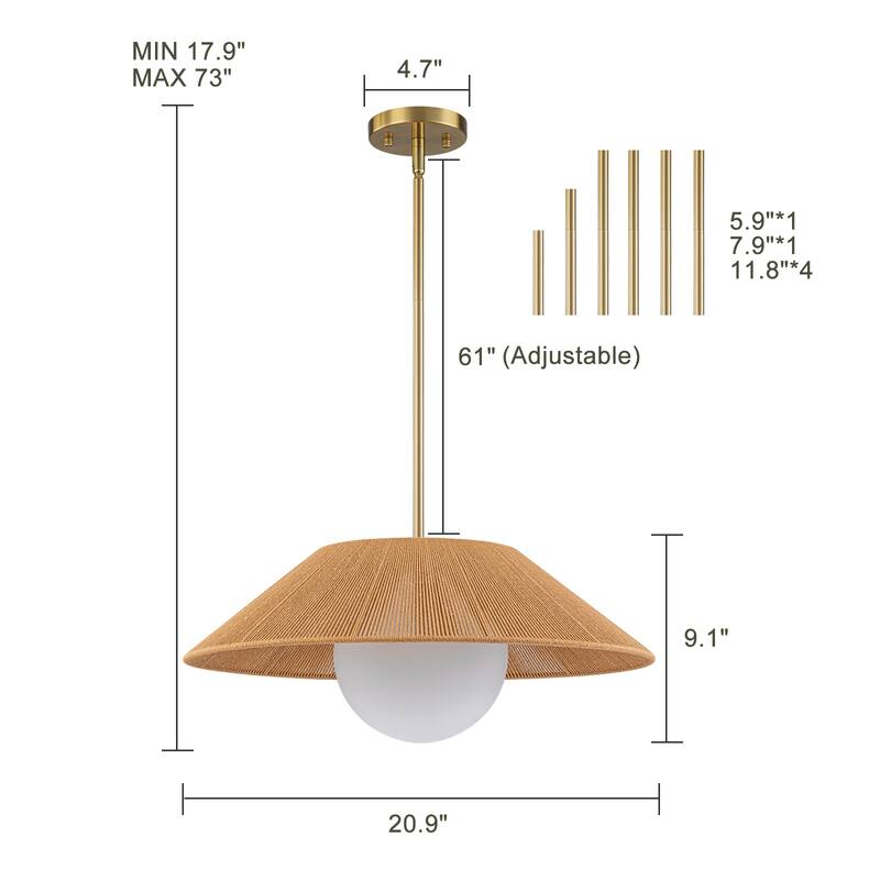 1-Light Farmhouse Globe Dome Pendant Light with Cotton Shade - Brass