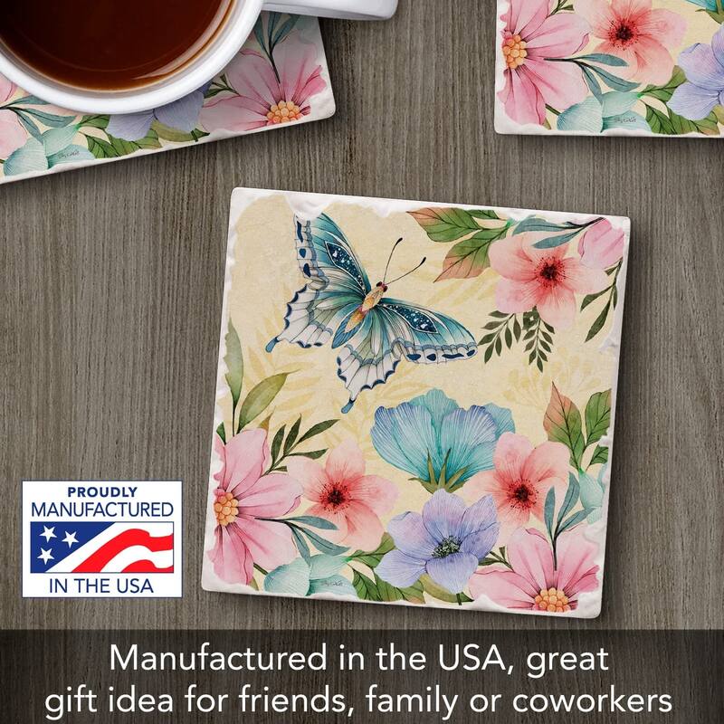 CounterArt Blue Butterfly Bloom Absorbent Stone Tumbled Tile Coaster Set of 4 Made in The USA Protective Cork Backing