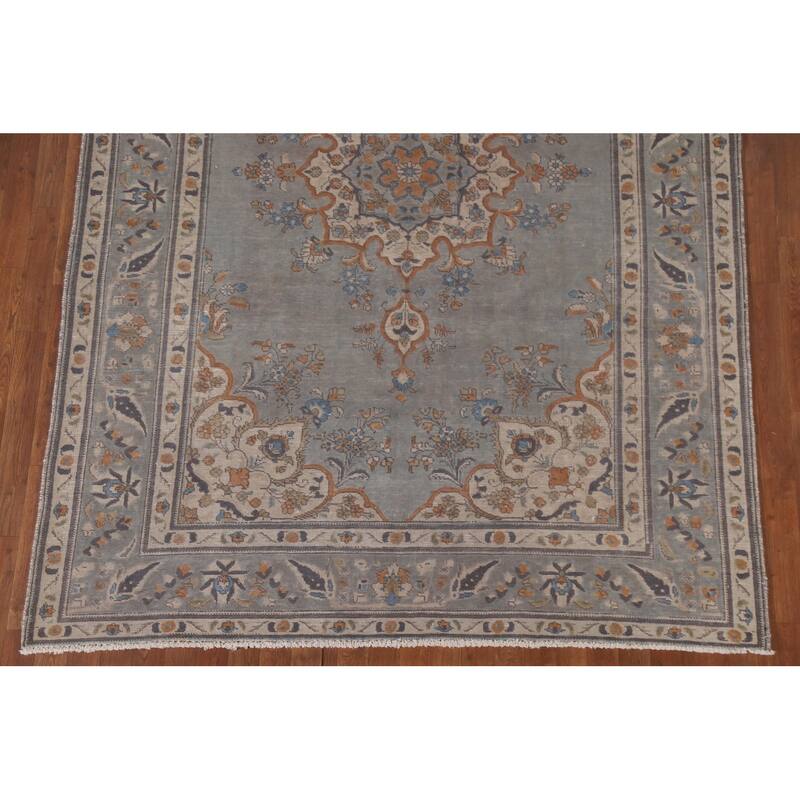 Hand Knotted Oriental 100% Wool Carpet Traditional Medallion Greys & Charcoal Tabriz Area Rug - 9' 7'' X 6' 8''
