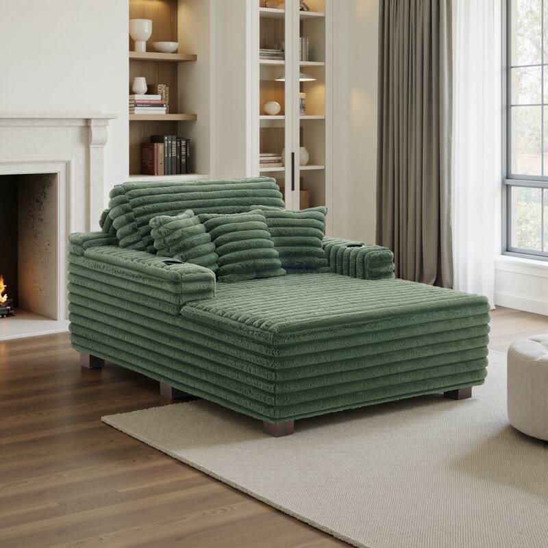 53"W Oversized Plush Fur-Like Chaise Lounge Sofa with Cup Holder - 1-piece - Green-Single