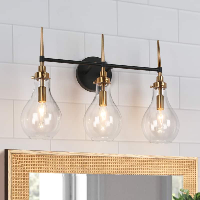 Synia Mid-Century Modern Black 3-Light Bathroom Vanity Lights Globe Wall Sconce Dimmable - L 21.6" x W 7.1" x H 14.5"