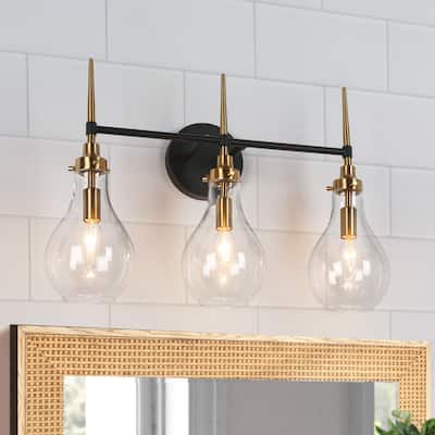 Synia Mid-Century Modern Black 3-Light Bathroom Vanity Lights Globe Wall Sconce Dimmable - L 21.6" x W 7.1" x H 14.5"
