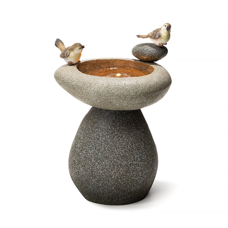 Glitzhome 21"H Zen-Style Faux Stone Birdbath Outdoor Fountain with Birds & LED Light - Grey - 21"H