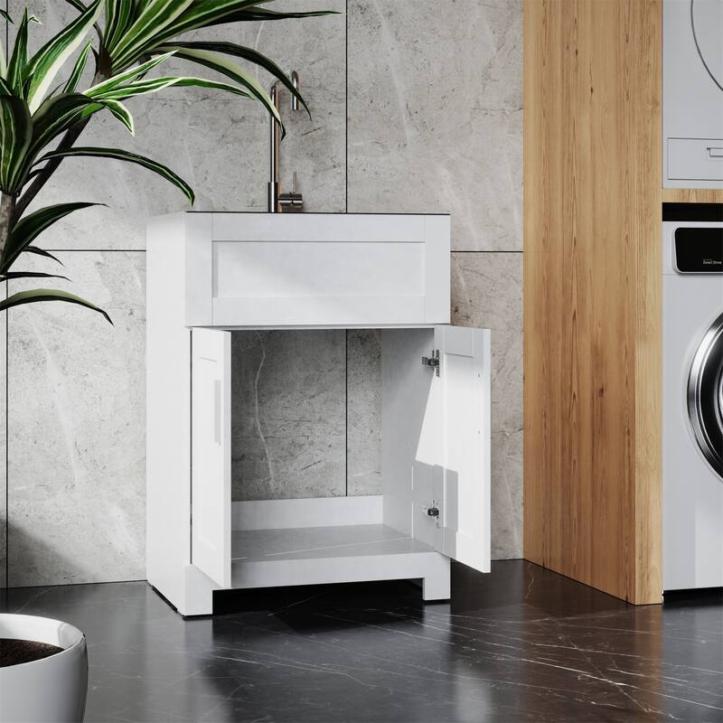 24in White Paint Free Laundry Tub Cabinet with Stainless Steel Combo