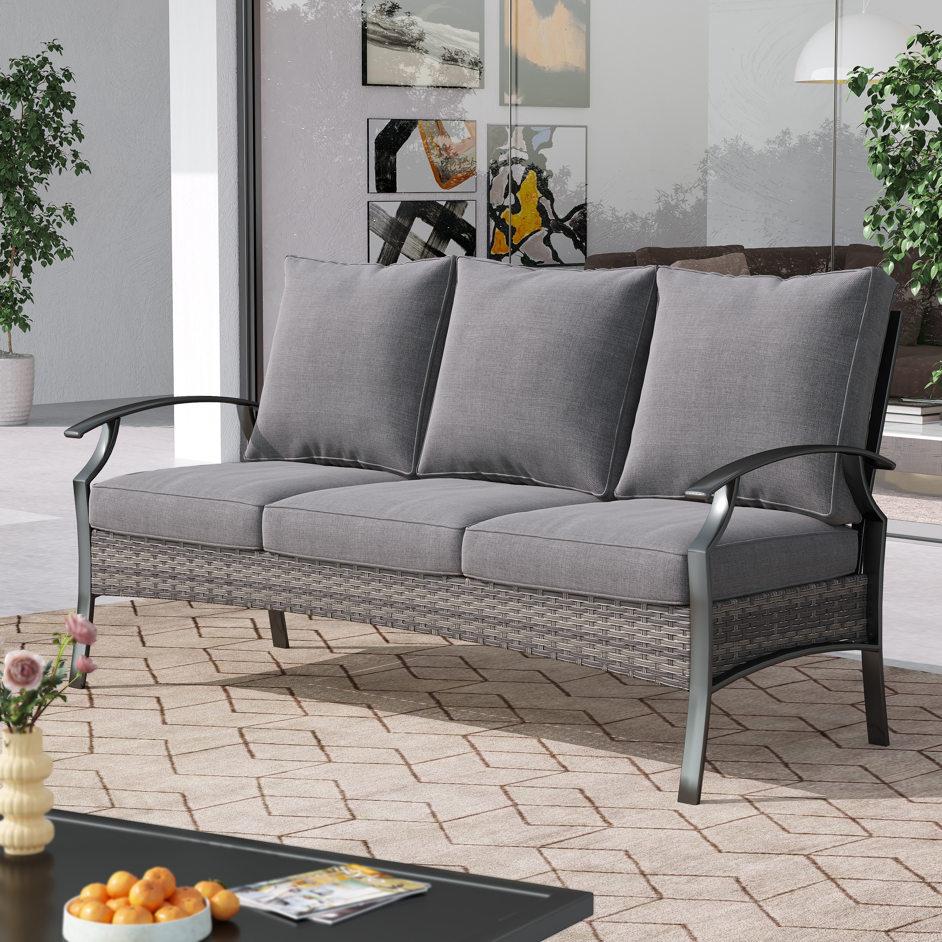 Outdoor Patio 3-Seat Wicker Sofa