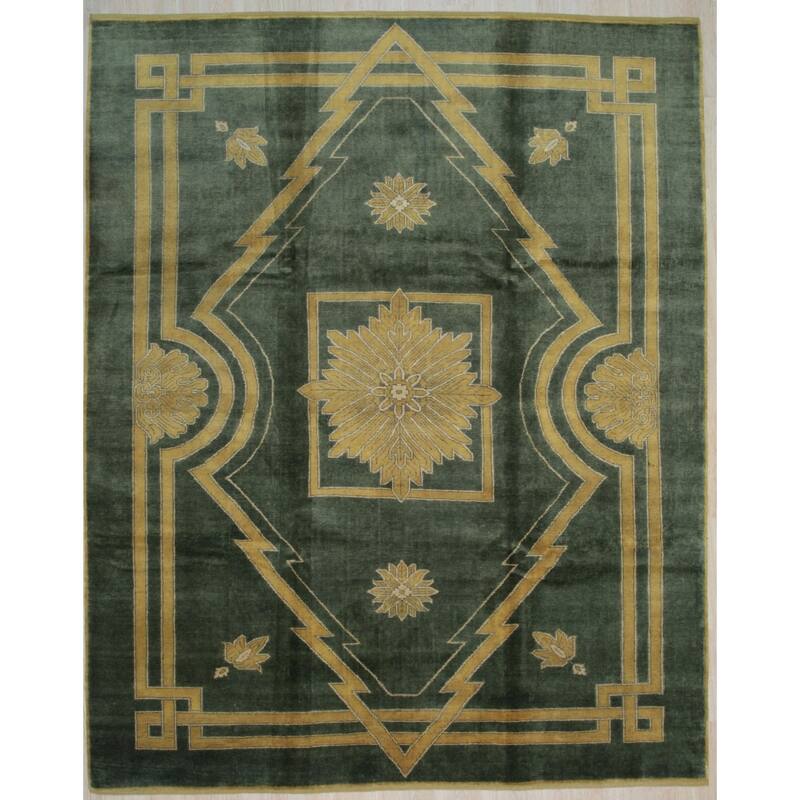 Green Handmade Wool Traditional Rug 8' x 10' - Hand Knotted Natural Dyes Soft Pile Cotton Foundation - N/A