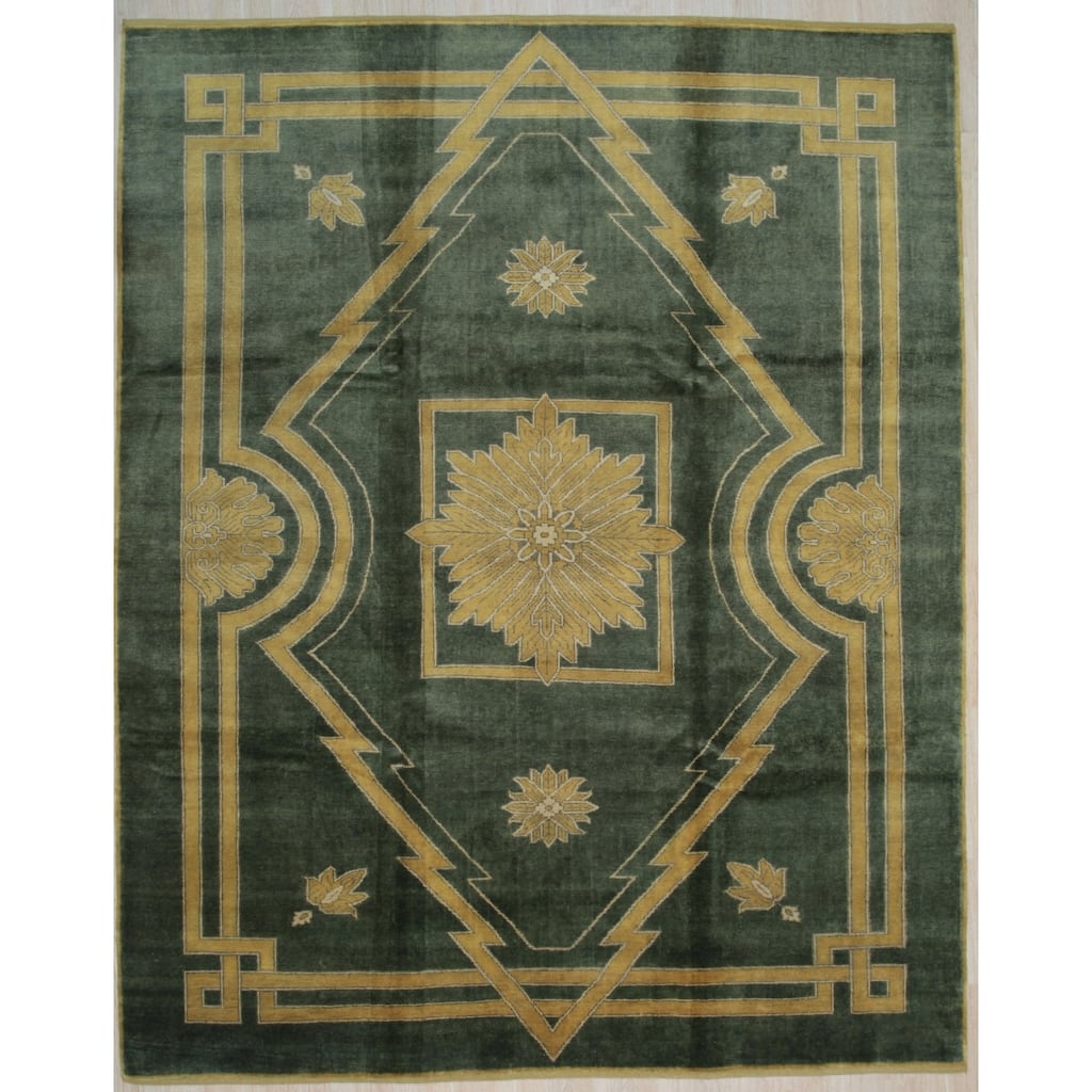 Green Handmade Wool Traditional Rug 8' x 10' - Hand Knotted Natural Dyes Soft Pile Cotton Foundation - N/A