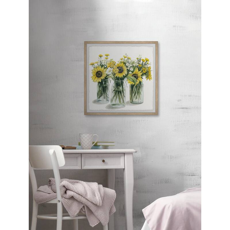 Sunflowers In Glass Jars Wall Art Print - Coastal Chic Home Decor Painting