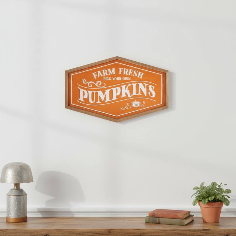 HomeRoots 13" X 20" Orange And White Metal Farm Fresh Pumpkins Wall Decor - Orange/White - 19.75 in. x 12.75 in.  x 1.00 in.