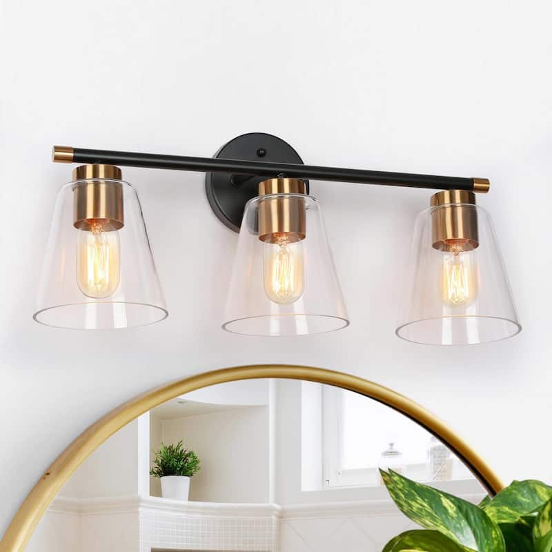 Fnly Modern Farmhouse 3-light Black Gold Bathroom Vanity Light LED Dimmable Cone Sconce with Clear Glass